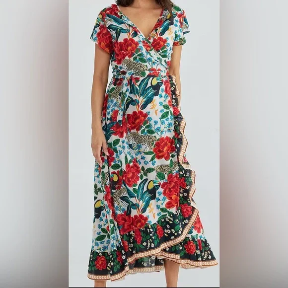 Talismán Red and Green Ruffled Midi Wrap Dress size M - Picture 1 of 5
